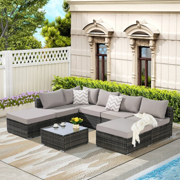 English Elm 8 Piece Modular Wicker Sectional Set with Tempered Glass Table for Patio Resort Style Light Gray W874S00056