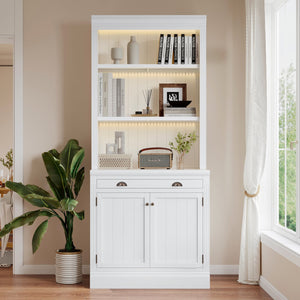 English Elm 83.4"Tall Bookcase with 3 LED Lights, Modern White Bookshelf with 2 Doors 1 Drawer & Adjustable Shelves SR000002AAK