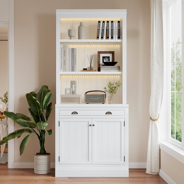 English Elm 83.4"Tall Bookcase with 3 LED Lights, Modern White Bookshelf with 2 Doors 1 Drawer & Adjustable Shelves SR000002AAK