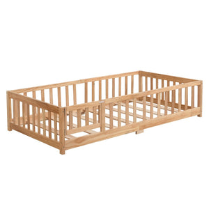 English Elm Twin Pine Wood Floor Bed with Safety Guardrails and Door for Kids Bedroom W495123236