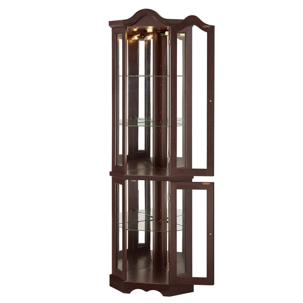 English Elm Lighted Vintage Display Cabinet with Carved Metal Handle, Adjustable Shelves, Hidden Drawer, LED Lighting Cherry W1758P297656