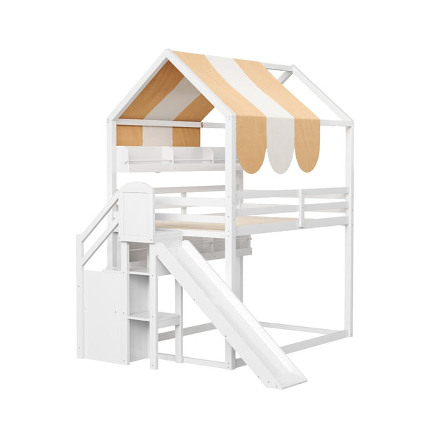 English Elm Full Size Wood Loft Bed with Canopy Slide and Built in Bookshelves for Kids White N7090005021K