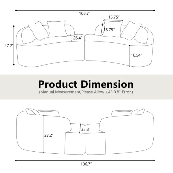 English Elm Curved Four-Seater Teddy Velvet Sofa with Full-Compression Sponge and Spring Support, No-Assembly, Compact White W3612S00001