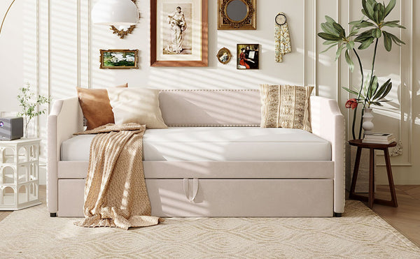 English Elm Twin Velvet Upholstered Daybed with Pop up Trundle for Guest or Kids Rooms SF000197AAA
