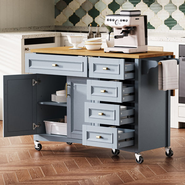 English Elm K&k Farmhouse Rolling Kitchen Island Oak Veneer Top with Drop Leaf and Storage Drawers Blue+Grey N707S195393G