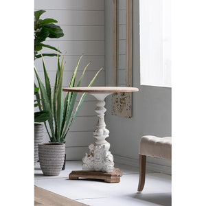 English Elm D26x31" Antique White Round Side Table with Carved Floral Pedestal, Fir Wood Vintage Elegance W2078P410106