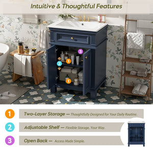 English Elm 24'' Carved Farmhouse Bathroom Vanity with Ceramic Sink Soft Close Storage Cabinet Blue N710P446530C