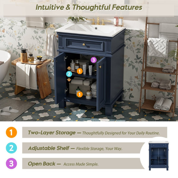English Elm 24'' Carved Farmhouse Bathroom Vanity with Ceramic Sink Soft Close Storage Cabinet Blue N710P446530C