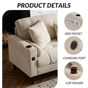 English Elm 3 Seat L Shaped chenille Sofa with Removable Storage Ottoman, USB-C & USB Ports, Cup Holders, Cozy Comfort Beige W2606P265176