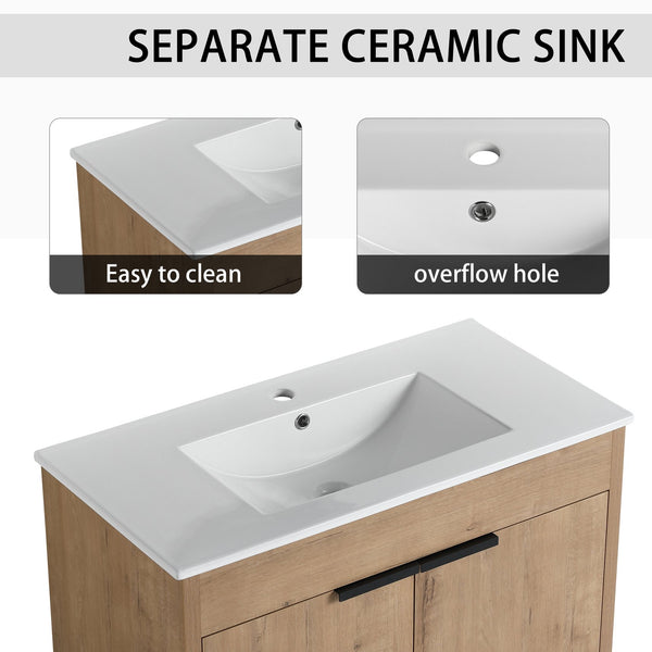 English Elm 84 Inch Freestanding Bathroom Vanity with Integrated Resin Sink, Soft-Close Doors, Shelves & Extra Storage Space Glossy White,Imitative Oak W999S00325