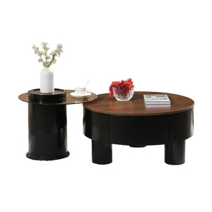 English Elm Round Nesting Coffee Table Set with Hidden Storage Drawer and Space-Saving Stackable Design for Living Room Black+Brown W821S00033