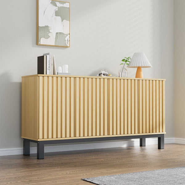 English Elm Sideboard Fluted Credenza with Soft Close Doors Walnut Finish Mid Century Storage T3773P417322