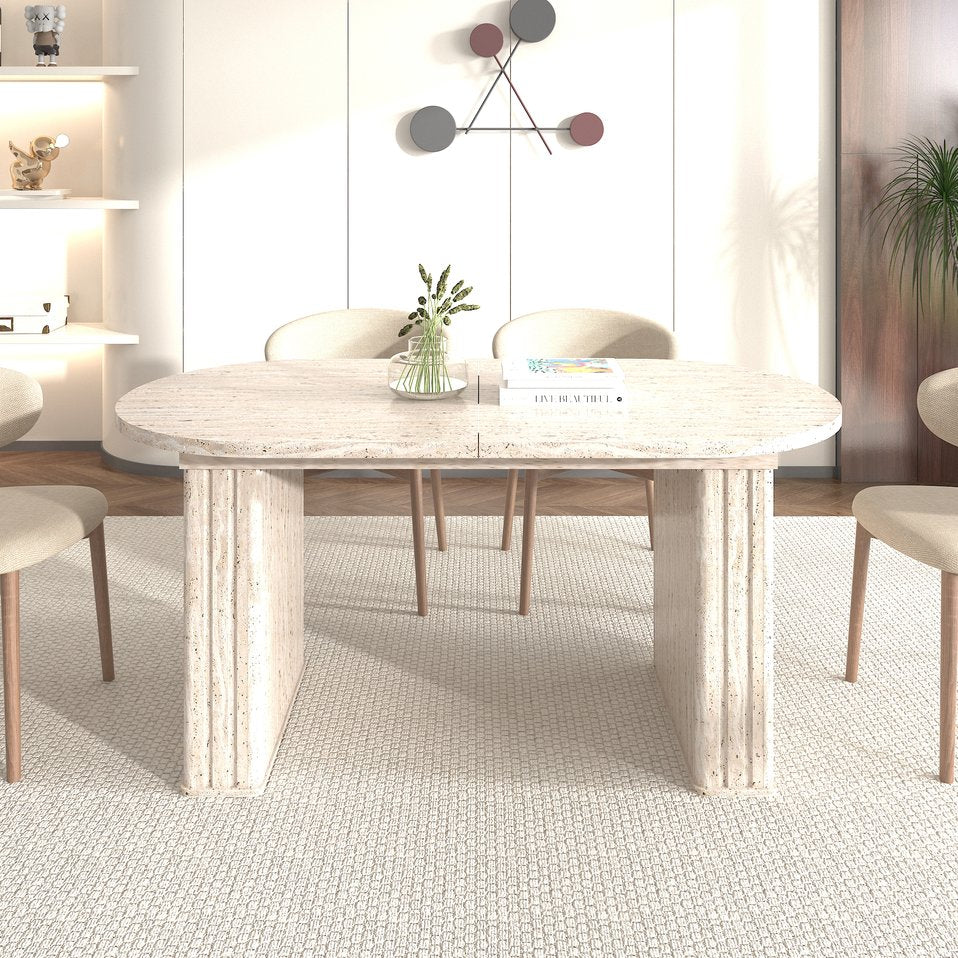 English Elm Kitchen extendable dining table with travertine-inspired melamine top, rounded edges, sturdy wooden base for family gatherings Beige W1347S00017