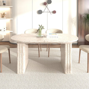English Elm Kitchen extendable dining table with travertine-inspired melamine top, rounded edges, sturdy wooden base for family gatherings Beige W1347S00017