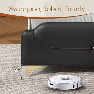 English Elm Christopher Knight Home® - King PU Leather Bed Frame with Wingback Headboard & Footboard, Gold Accents, Platform Slat Support, Elegant Design Black 77.5 L x 21 W x 5.25 H N761S0000012B