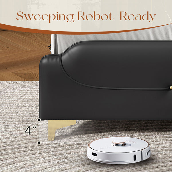 English Elm Christopher Knight Home® - King PU Leather Bed Frame with Wingback Headboard & Footboard, Gold Accents, Platform Slat Support, Elegant Design Black 77.5 L x 21 W x 5.25 H N761S0000012B