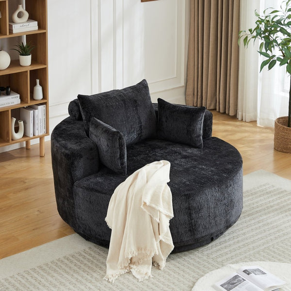 English Elm 55''l 55'l Chenille Swivel Lounge Chair Plush Foam Fill 360 Rotation Modern Living Room Black W834S00642