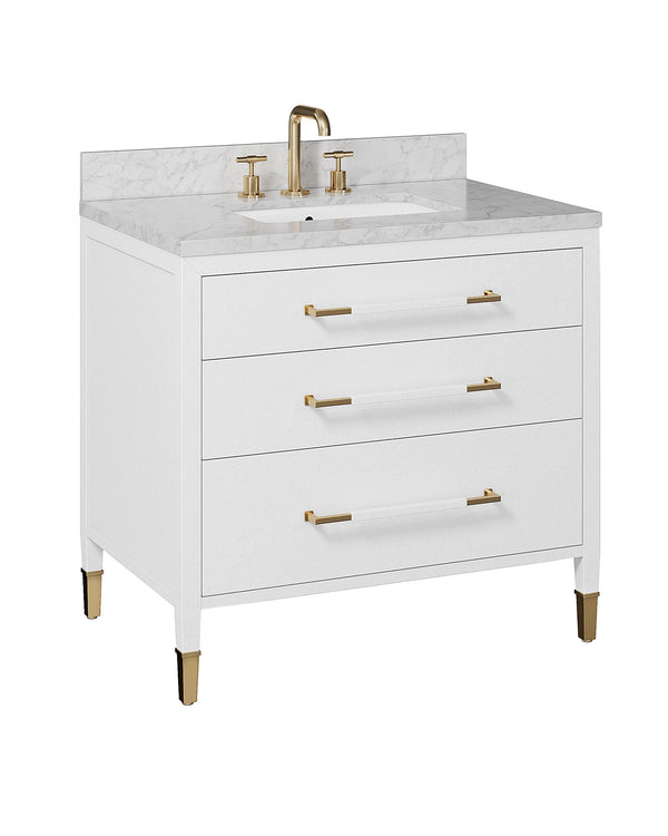 Currey & Company Verona 36 Inch Carrara Marble Bathroom Vanity with Soft Close Drawers and Brass Hardware 3800-0007