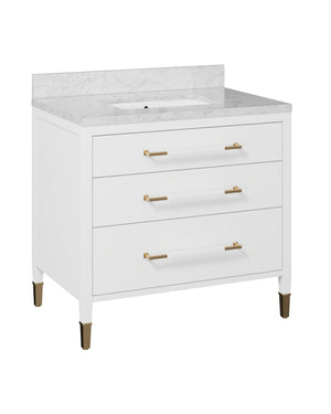 Currey & Company Verona 36 Inch Carrara Marble Bathroom Vanity with Soft Close Drawers and Brass Hardware 3800-0007