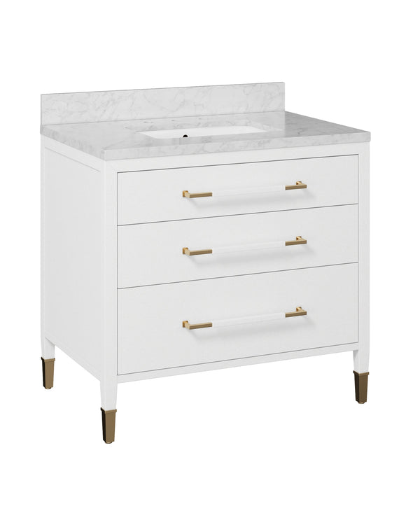 Currey & Company Verona 36 Inch Carrara Marble Bathroom Vanity with Soft Close Drawers and Brass Hardware 3800-0007
