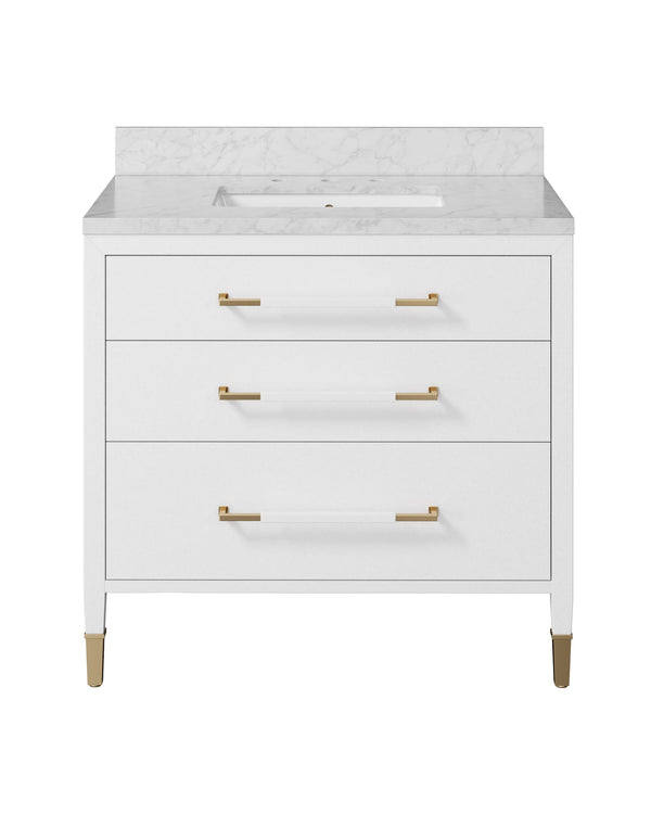 Currey & Company Verona 36 Inch Carrara Marble Bathroom Vanity with Soft Close Drawers and Brass Hardware 3800-0007