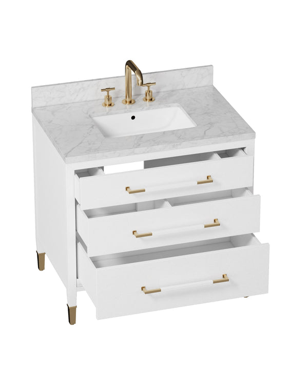 Currey & Company Verona 36 Inch Carrara Marble Bathroom Vanity with Soft Close Drawers and Brass Hardware 3800-0007