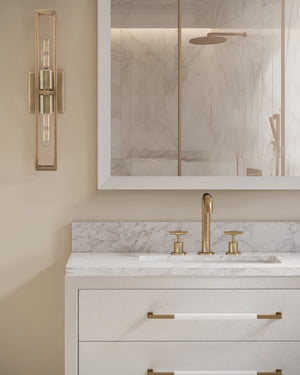 Currey & Company Verona 36 Inch Carrara Marble Bathroom Vanity with Soft Close Drawers and Brass Hardware 3800-0007