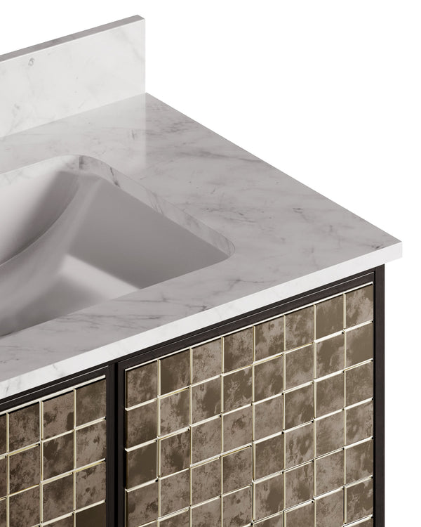 Currey & Company Mosaico 36 Inch Bathroom Vanity Carrara Marble Top Antique Mirror Tile Mango Wood 3800-0013