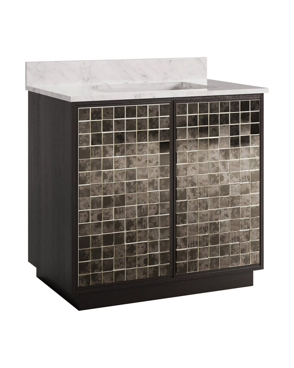 Currey & Company Mosaico 36 Inch Bathroom Vanity Carrara Marble Top Antique Mirror Tile Mango Wood 3800-0013