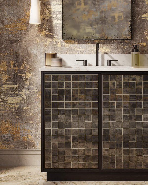 Currey & Company Mosaico 36 Inch Bathroom Vanity Carrara Marble Top Antique Mirror Tile Mango Wood 3800-0013