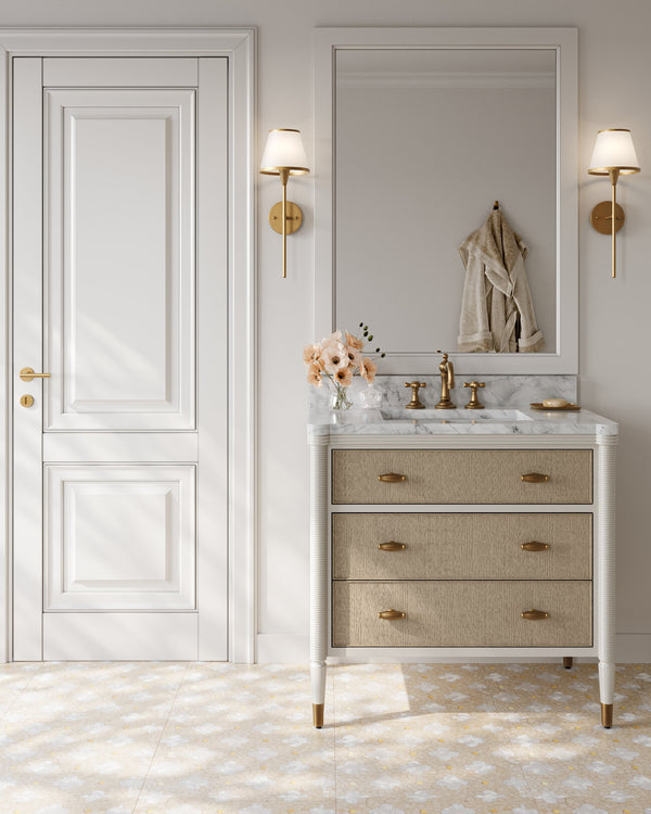 Currey & Company Aster 36 Inch Gray Bathroom Vanity Carrara Marble Top with Soft Close Drawers 3800-0018