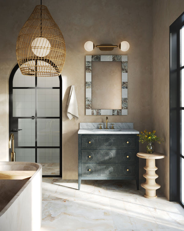 Currey & Company Santos Mahogany Bathroom Vanity with Rattan Panels Undermount Sink Coastal Boho 3800-0019