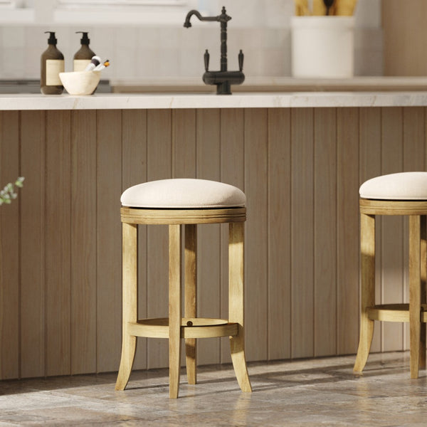 HomeRoots 25" Cream and Brown Backless Swivel Bar Chair - Stylish, Compact Design for Modern Kitchens & Bars 380000