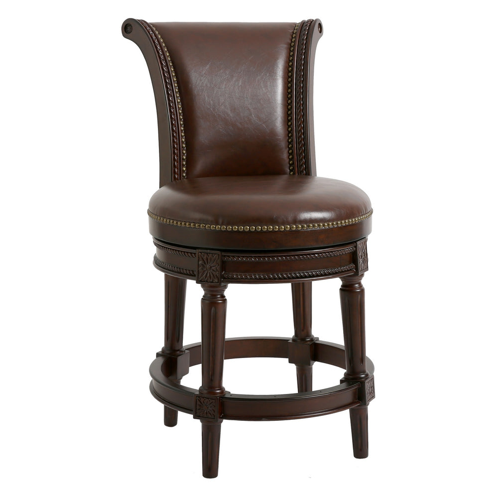 Homeroots 25" Dark Brown Faux Leather And Solid Wood Swivel Counter Height Bar Chair  Wood 380006