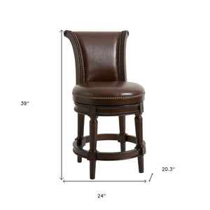 Homeroots 25" Dark Brown Faux Leather And Solid Wood Swivel Counter Height Bar Chair  Wood 380006