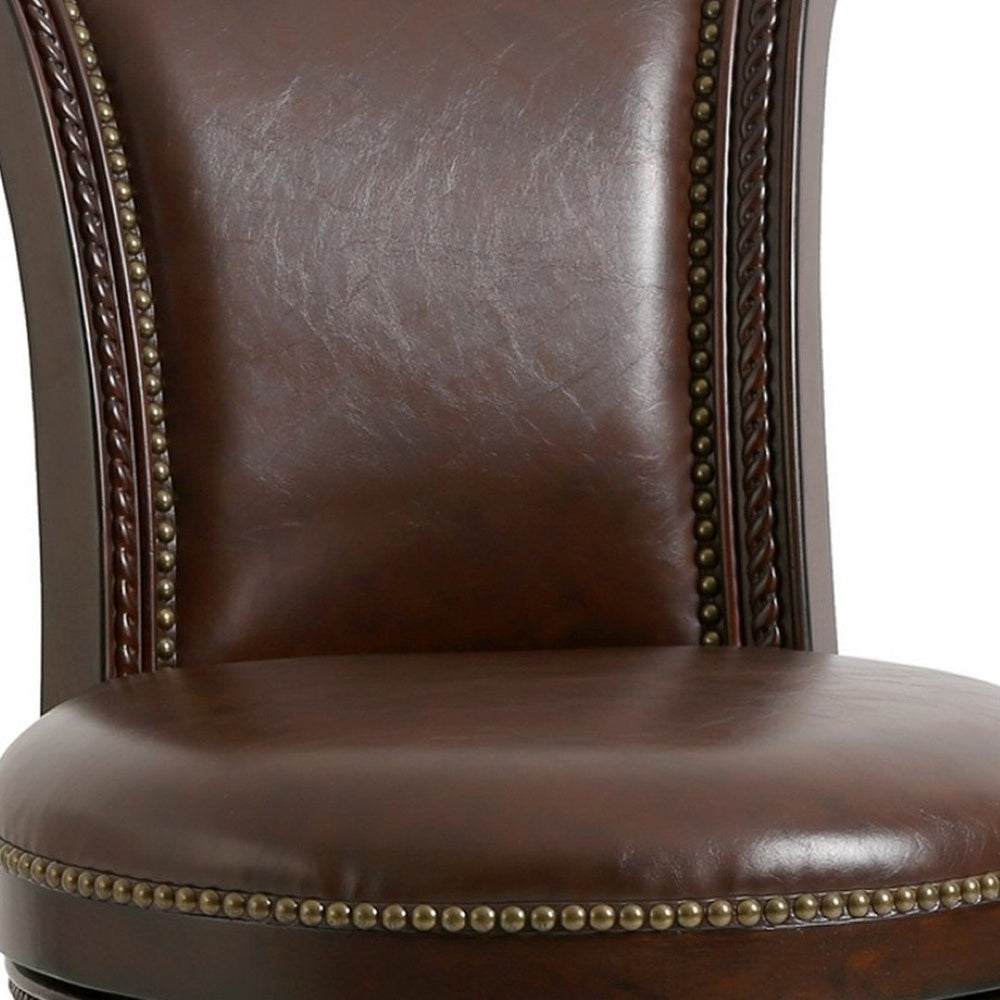 HomeRoots 25" Elegant Dark Brown Faux Leather Swivel Bar Chair with Solid Wood Frame and Nailhead Trim 380006