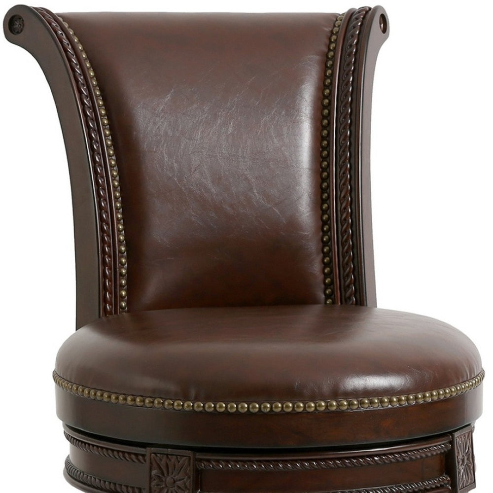 HomeRoots 25" Elegant Dark Brown Faux Leather Swivel Bar Chair with Solid Wood Frame and Nailhead Trim 380006