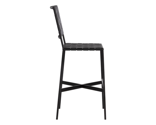 Sunpan Omari Elevated Bar Stool - Handcrafted Black Leather Weaved Seat with Stylish Iron Frame Design Black Leather