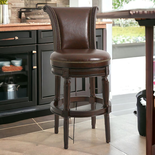 HomeRoots 25" Stylish Walnut Faux Leather Swivel Bar Chair with Solid Wood Frame for Modern Dining Spaces 380012