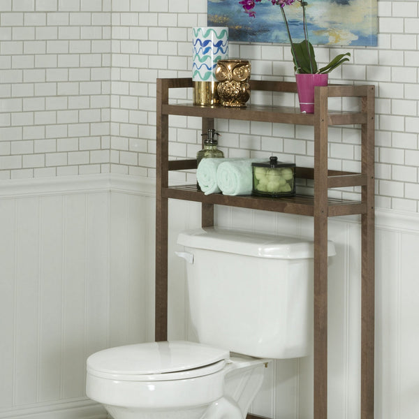 Homeroots 48" Chestnut Finish 2 Tier Solid Wood Over Toilet Organizer   380013