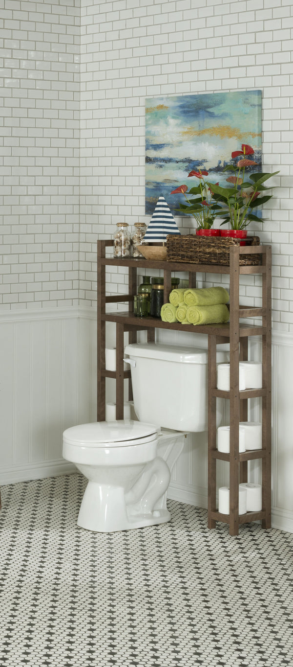 Homeroots Chestnut Finish 2 Tier Solid Wood Over Toilet Organizer   380014