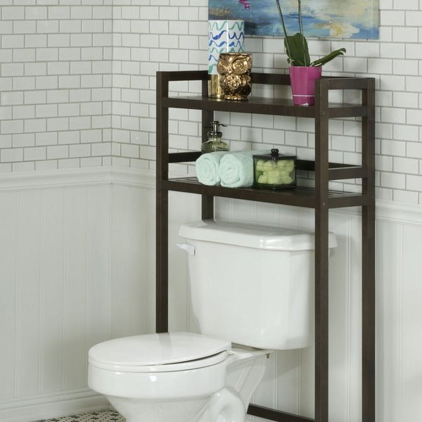 Homeroots 48" Espresso Finish 2 Tier Solid Wood Over Toilet Organizer   380015