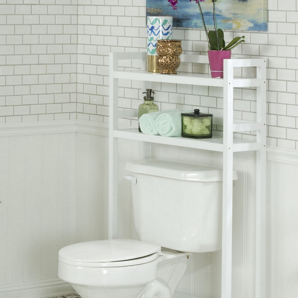 Homeroots 48" White Finish 2 Tier Solid Wood Over Toilet Organizer   380017