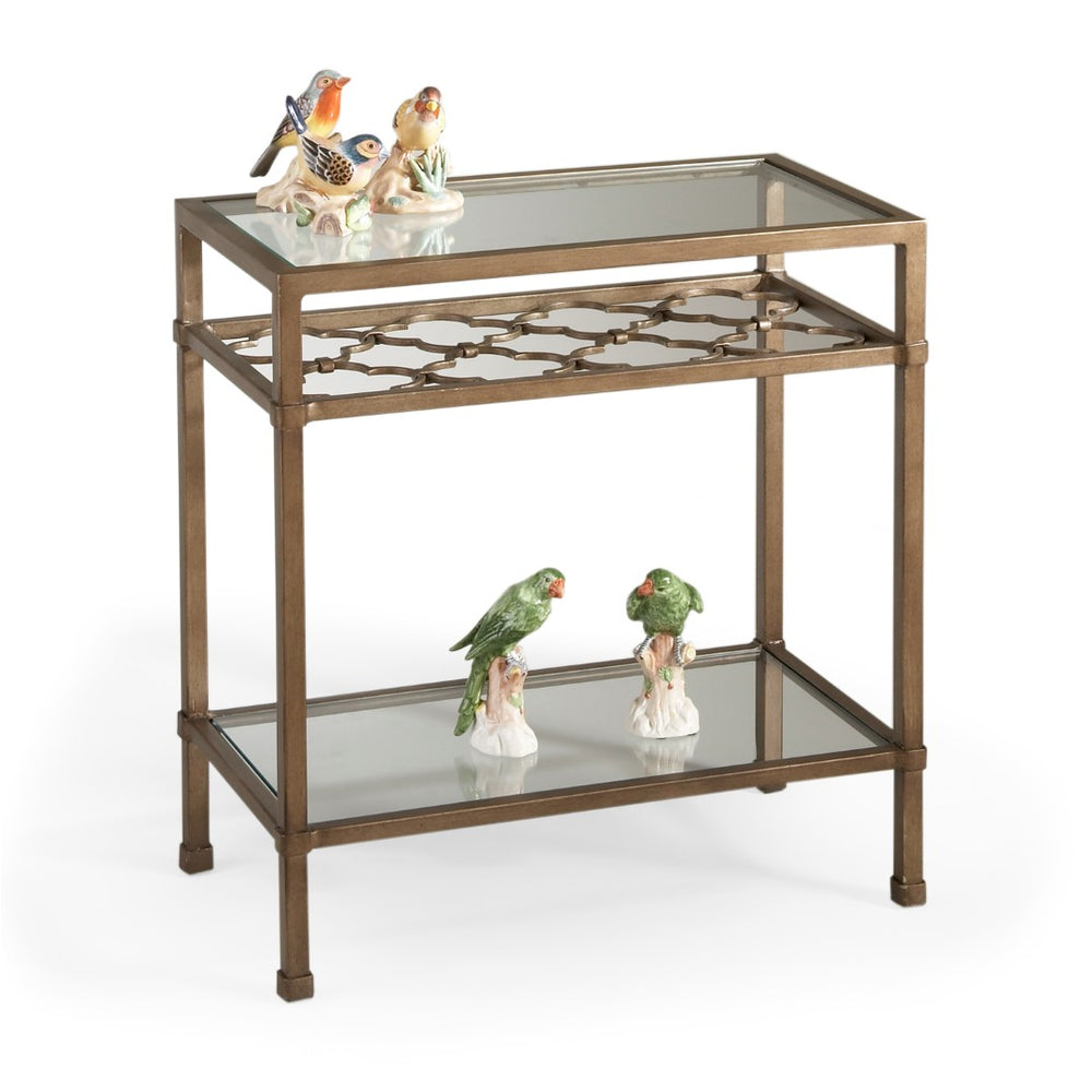 Chelsea House Pac Coast Side Table With Glass Top, Antique Champagne Metal Frame, Quatrefoil Shelf For Display 380018