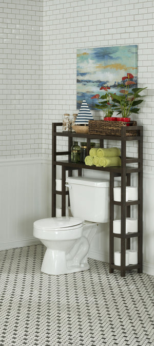 Homeroots Espresso Finish 2 Tier Solid Wood Over Toilet Organizer   380018