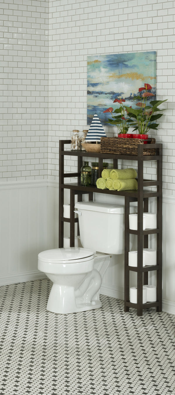 Homeroots Espresso Finish 2 Tier Solid Wood Over Toilet Organizer   380018