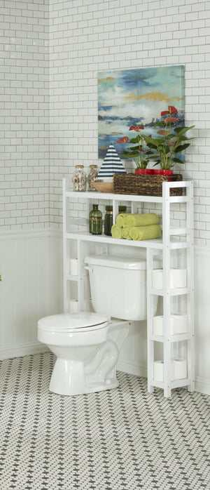 Homeroots White Finish 2 Tier Solid Wood Over Toilet Organizer   380020