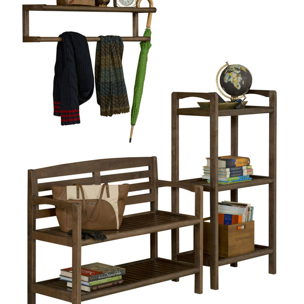 Homeroots Chestnut Finish Solid Wood Slat Bench With High Back And Shelf  Solid Wood 380021