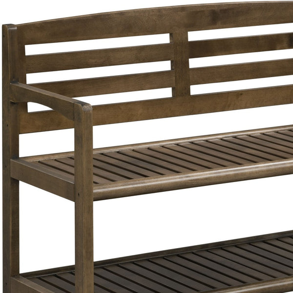 Homeroots Chestnut Finish Solid Wood Slat Bench With High Back And Shelf  Solid Wood 380021
