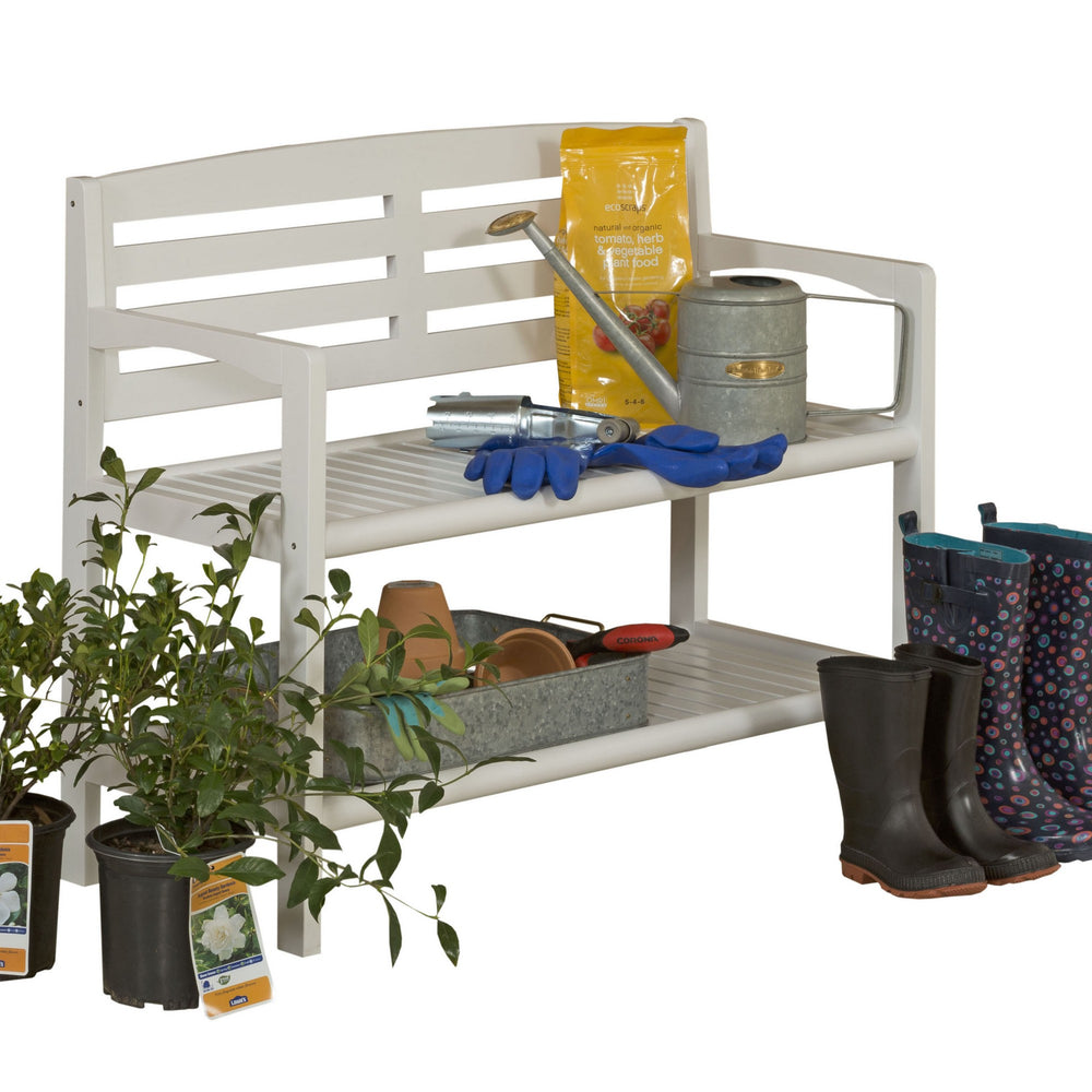 Homeroots White Finish Solid Wood Slat Bench With High Back And Shelf  Wood 380022